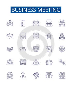 Business meeting line icons signs set. Design collection of Huddle, Negotiation, Conference, Agenda, Strategy photo