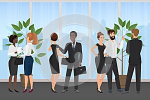 Business meeting office concept flat cartoon vector illustration. Team, group people stand and talk