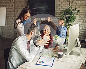 Business meeting and presentation in modern conference room