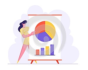 Business Meeting, Project Presentation, Female Character Business Coach Pointing on Financial Pie Chart on Flip Board