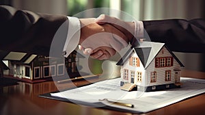 Business meeting: Realtor provides mortgage papers for signature to future owners of housing