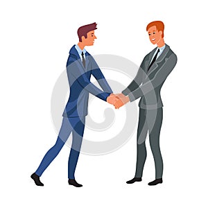 Business meeting of two office men shaking hands. Vector illustration in flat cartoon style.