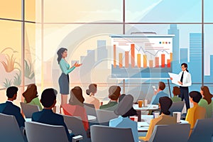 Business meeting vector illustration. Businesswoman giving presentation to colleagues in conference room. Teamwork, meeting and