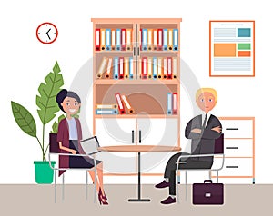 Business meeting or working process. Woman sitting in office workspace communicating with a man