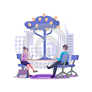 Business meetings and brainstorming tree with bulbs and ideas flat