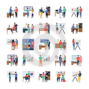 Business Meetings, Discussions, Work in Progress, Flat Illustrations Set