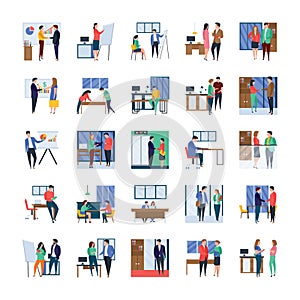 Business Meetings, Discussions, Work in Progress, Office Flat Illustrations Set
