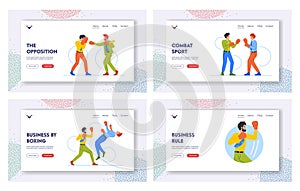 Business Men Boxing, Fighting In Gloves Landing Page Template Set. Male Characters Fight For Leadership, Combat