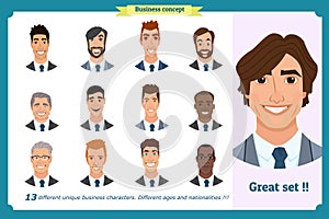 Business men flat avatars set with smiling face. Team icons collection.