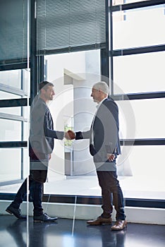 Business men, handshake and meeting in office with agreement, work deal or partnership. Greeting, welcome and onboarding