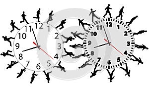 Business men in a hurry run & walk on time clocks