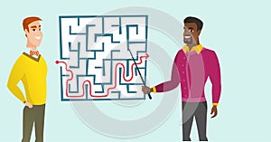 Business men looking at labyrinth with solution.