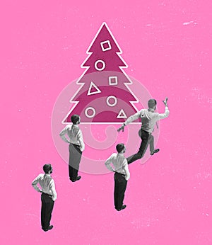 Business men palying active sport games at corporate christmas party. Contemporary art collage. Holiday, winter, wishes,