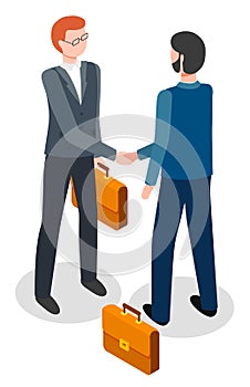 Business men shake hands, making a deal, trade negotiations. International cooperation. Flat image