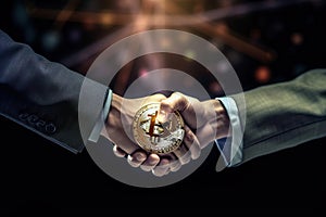 Business men Shaking hands closing or sealing a deal. Cryptocurrency, blockchain, bitcoin, mining, financial transactions concept