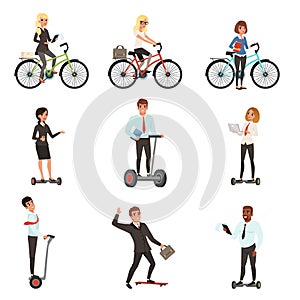 Business men and women on different vehicles: electric hoverboard, segway, bicycle, skateboard. Young office workers