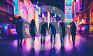 Business men and women figures holding hands walking, on road in a busy city, night of vibrant neon light, AI generated