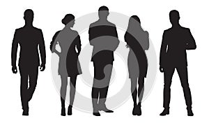 Business men and women, group of people at work. Isolated vector silhouettes