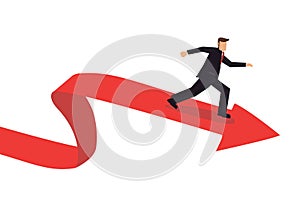 Business metaphor of businessman surfing on a red arrow wave