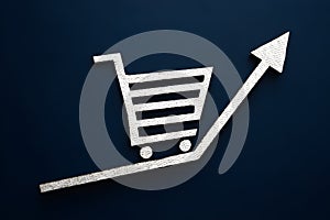 Business metrics on the move shopping cart logo accompanies upward graph