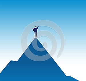 Business mission concept. Visionary on mountain peak with telescope. Success business vision vector poster