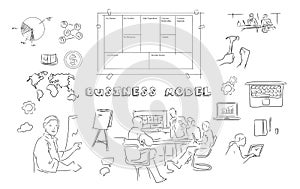 Business model canvas meeting hand drawing illustration