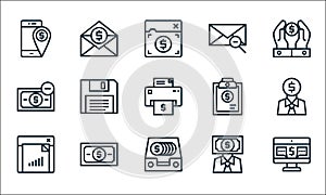 business money and communication line icons. linear set. quality vector line set such as online banking, tray, bar graph, banker,
