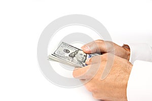 Business Money dollars in the hands on a white background