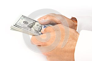 Business Money dollars in the hands on a white background