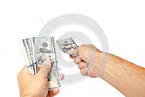 Business Money dollars in the hands on a white background