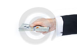 A Business Money dollars in the hands on a white background