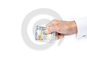 Business Money dollars in the hands on a white background