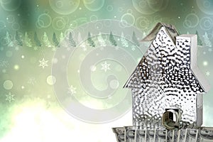 Business, money and finance concept. A metallic house model with many $100 banknotes against an abstract Christmas background.