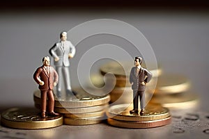 Business Money , three businessman miniature figures people standing on top of stack of gold coin on table, generative AI