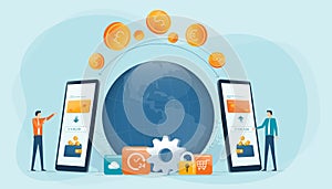 Business money transfer online with digital banking technology concept. Flat vector illustration design business people team worki