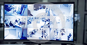 Business, monitor and security with screen, computer and software interface, multicam surveillance, Video system with