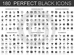 Business motivation, analysis, business essentials, business project, startup development, e-commerce black classic icon