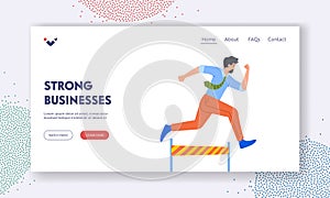 Business Motivation Landing Page Template. Businessman Competes In A Race, Jumping Over Obstacles To Reach The Finish