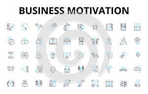 Business motivation linear icons set. Ambition, Drive, Tenacity, Entrepreneurship, Leadership, Innovation, Determination