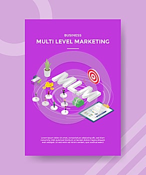 Business multi level marketing people standing on circle shape around text MLM chart board target money for template of banner and