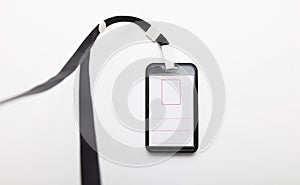 Business name tag identity badge. Plastic card blank on rope. Corporate access template