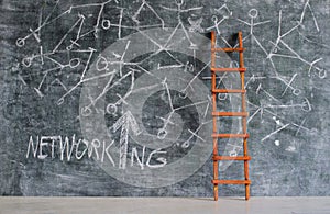 Business network concept with scribble on blackboard and ladder. Innovation,idea,success,human resouces, networking concept photo