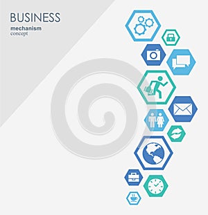 Business network. Hexagon abstract background, integrate flat icons.