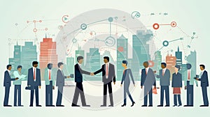 Business networking, such as exchanging business cards or shaking hands. AI generated