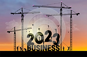 Business in the New Year 2023. Business finance background. 2023 construction site crane building a business text idea concept.