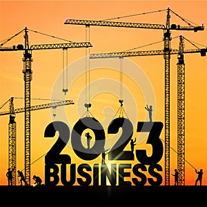 Business in the New Year 2023. Vector illustration business finance background. Large construction site crane building a business