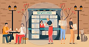 Business news media with people at newsstand reading newspapers information press reports flat vector illustration.