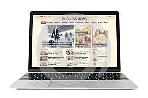 Business news website on laptop. All contents are made up.