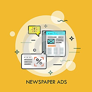 Business newspaper with advertisements and speech bubbles. Announcement in periodical, marketing method concept.