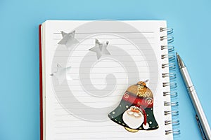 Business notepad for spiral notes, stationery pen and christmas decor for new year holiday